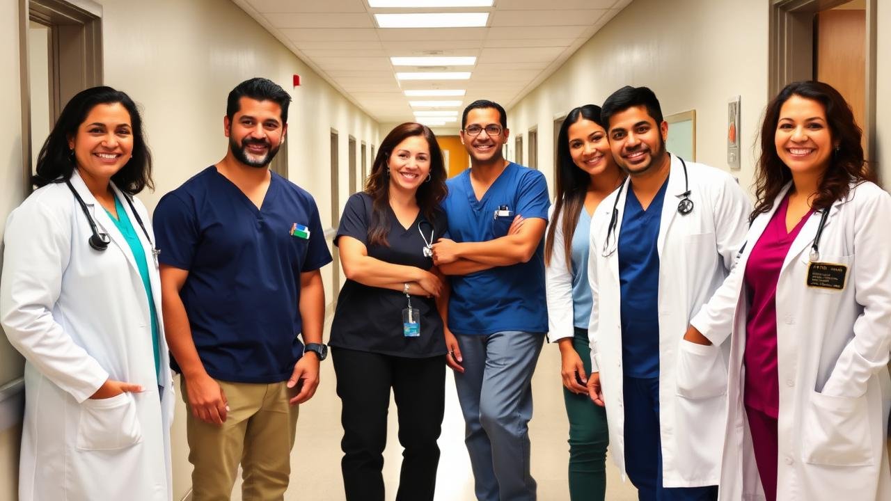 Equipo médico hispano de clínica ginecológica en Houston